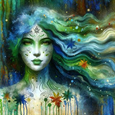 The primary subject of the image is a woman with long, flowing hair. She is adorned with a variety of colorful flowers and has a green, flowery design on her face. The setting is a forest, with trees visible in the background. The visual style is a combination of digital art and illustration, creating a vibrant and lively atmosphere. The colors and mood of the image are predominantly green and blue, with a touch of pink, giving the scene a serene and natural feel.